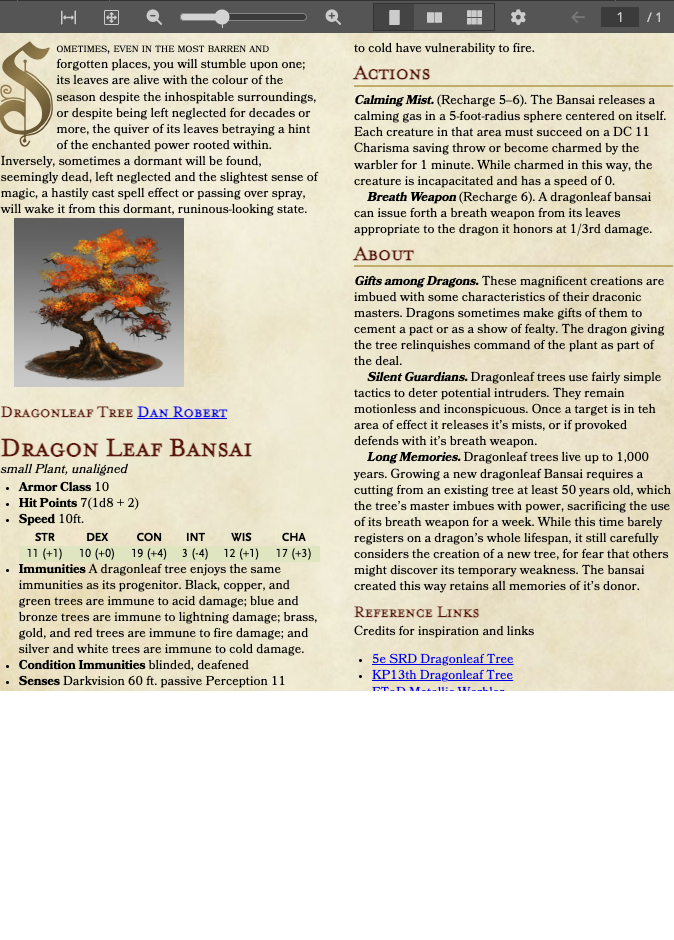 The rendered Enchanted Bansai creature page, showing its credited illustration, two-column layout and Dragon Leaf Bansai stat block